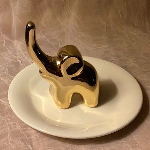 Elephant Trunk up Ring Holder gold colored on white plate- trunk missing gold